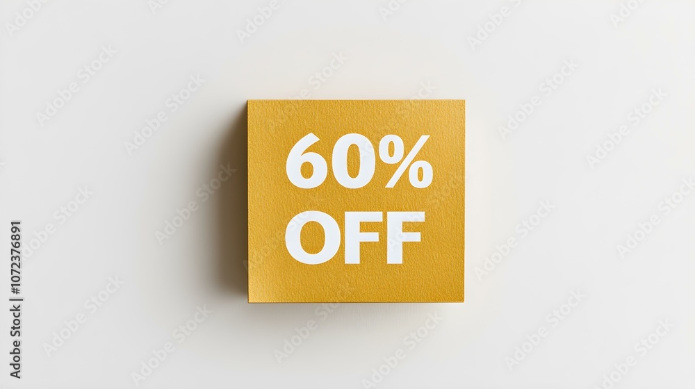 White '60% OFF' Text on a Gold Square Paper Note. White Background with Copy Space White '60% OFF' Text on a Gold Square Paper Note. White Background with Copy Space