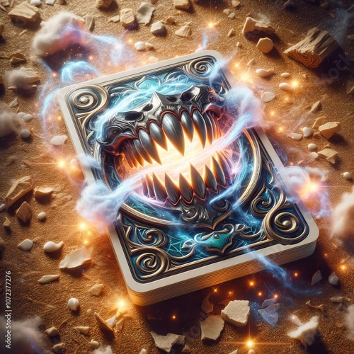 A glowing fantasy card with a menacing monster face, sharp teeth, and magical energy swirling around it, evoking fear and enchantment photo