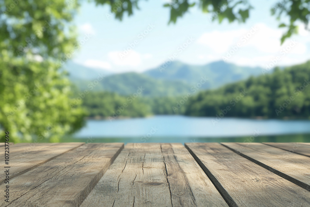 A serene lakeside view with a wooden table in the foreground. A serene lakeside view with a wooden table in the foreground.
