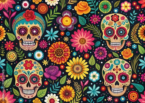 Vintage Style Seamless Pattern of Skulls and Flowers in Mexican Aesthetic for Cinco de Mayo Celebrations, Perfect for Textile, Wrapping Paper, and Scrapbooking Designs