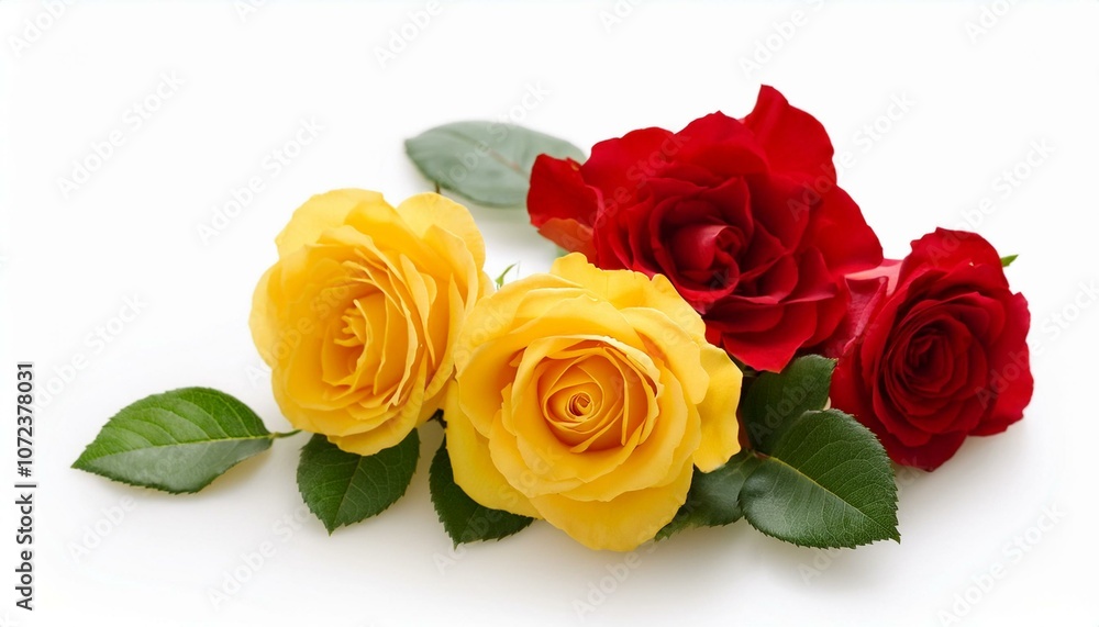 yellow and red rose flowers on white background