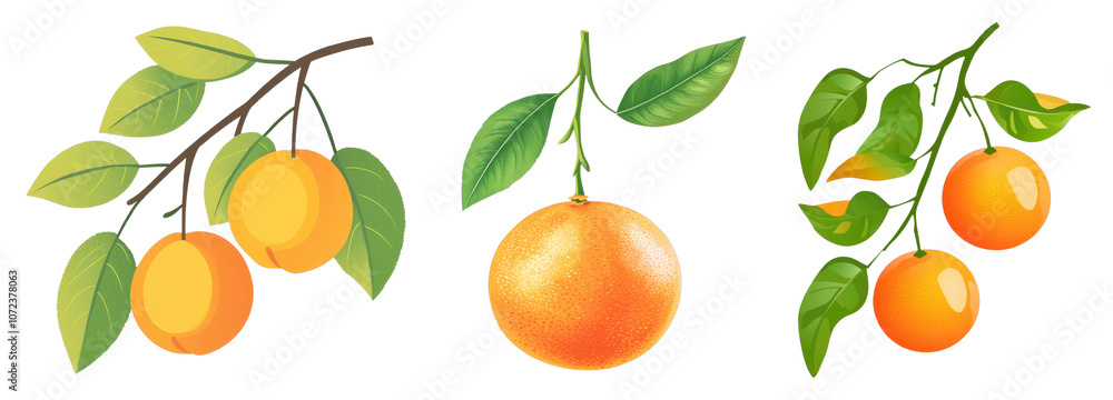 Bright and Fresh Citrus Fruit Illustrations Featuring Oranges and Tangerines on Green Branches Perfect for Culinary, Health, and Design Projects Bright and Fresh Citrus Fruit Illustrations Featuring Oranges and Tangerines on Green Branches Perfect for Culinary, Health, and Design Projects