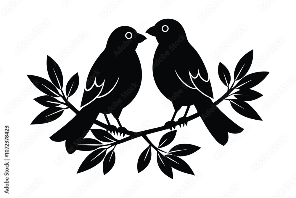 Romantic Couple on a Branch Vector Illustration - Silhouette Art of Lovebirds Embracing, Perfect for Valentine's and Decorative Design Romantic Couple on a Branch Vector Illustration - Silhouette Art of Lovebirds Embracing, Perfect for Valentine's and Decorative Design