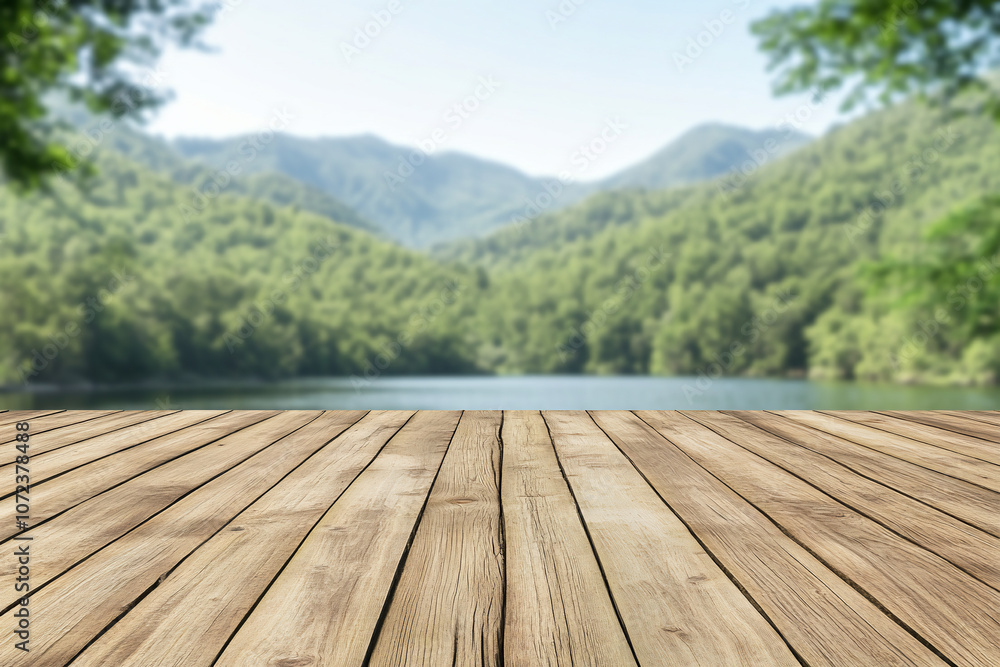 Scenic view of a wooden deck overlooking a serene lake and mountains. Scenic view of a wooden deck overlooking a serene lake and mountains.