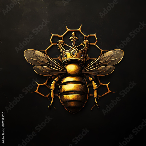 A golden bee with a crown and a honeycomb behind it, on a black background.