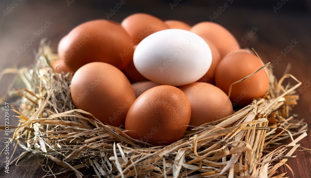brown chicken eggs and white chicken eggs sitting on a bed of straw brown chicken eggs and white chicken eggs sitting on a bed of straw