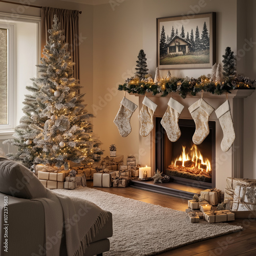Charming Christmas Room with Stockings and Glowing Decorations
