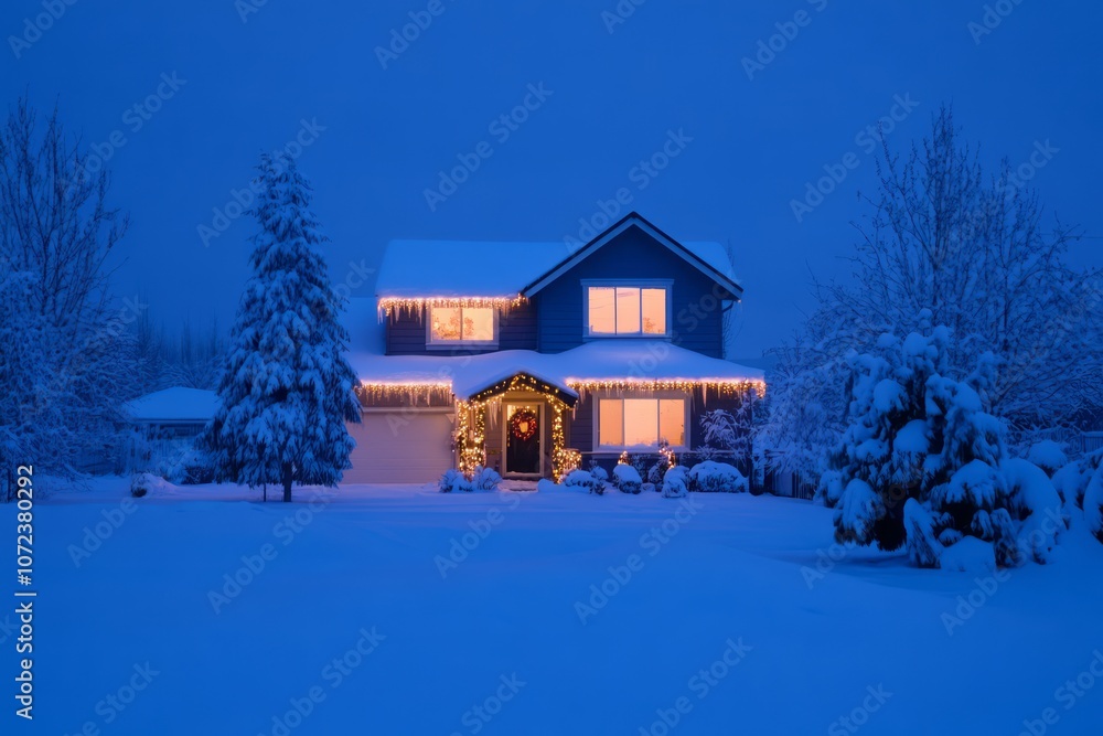 A snow-covered house with Christmas lights and a wreath on the front door, illuminated at night. A snow-covered house with Christmas lights and a wreath on the front door, illuminated at night.