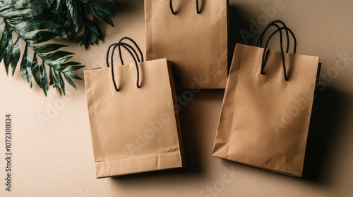 Assortment of brown paper shopping bags with black handles on a neutral background with green leaves