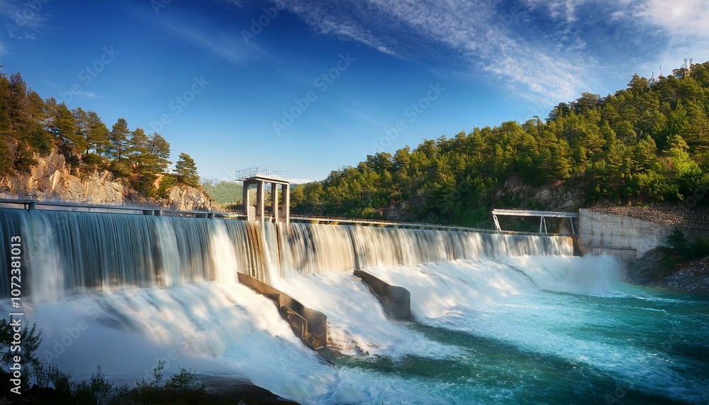 the powerful water cascades over the hydroelectric dam as it generates energy during a sunny day the powerful water cascades over the hydroelectric dam as it generates energy during a sunny day