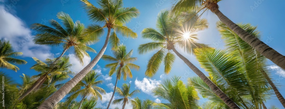 Naklejka premium Upward view of palm trees with sunlight filtering through leaves against a clear blue sky.