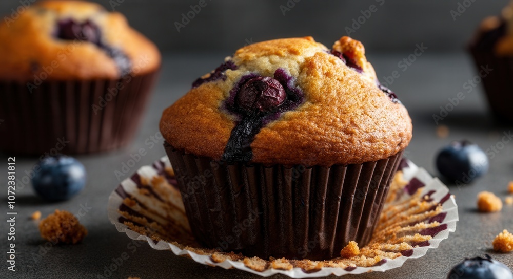Fresh blueberry muffin on textured background