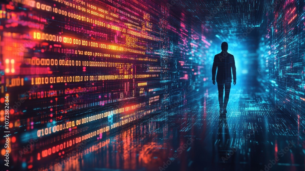 Silhouette of a person walking through a futuristic data tunnel in vibrant colors. Silhouette of a person walking through a futuristic data tunnel in vibrant colors.