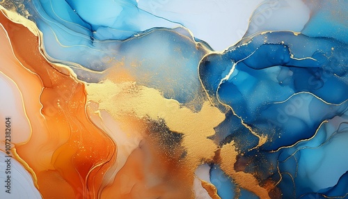 beautiful abstract art background created with alcohol inks bright shades of blue orange and gold
