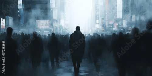 Solitary figure walking through a bustling city street, lost in thought amidst a lively crowd