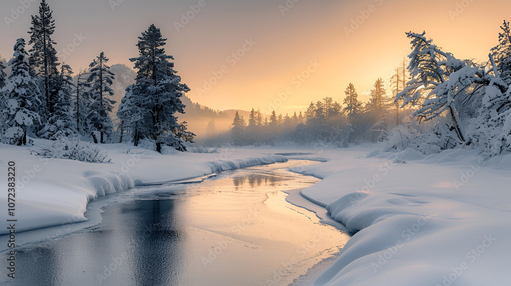 A frozen river winding through a snow covered forest under a pale winter sky A frozen river winding through a snow covered forest under a pale winter sky