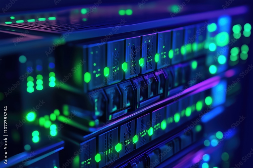 Data center servers illuminated with vibrant lights, showcasing technology and connectivity Data center servers illuminated with vibrant lights, showcasing technology and connectivity