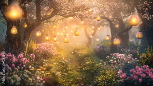 Enchanted Easter Garden with Glowing Eggs and Lanterns for Dreamy Springtime Celebration photo