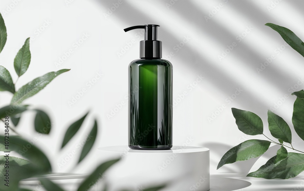 A plastic bottle with pump mockup. Isolated on green background surrounded by garlands. A plastic bottle with pump mockup. Isolated on green background surrounded by garlands.