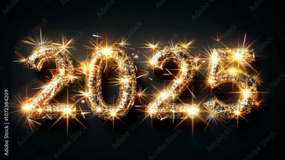 2025 is written in sparkling gold on a dark background. Concept celebration, future, new year. For calendars or festive greetings
