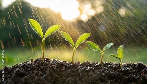 save the green planet small plants growing from dirt soft rain coming down