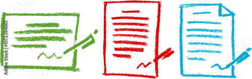 Document Sign Icon Crayon Chalk Drawing Vector Set
