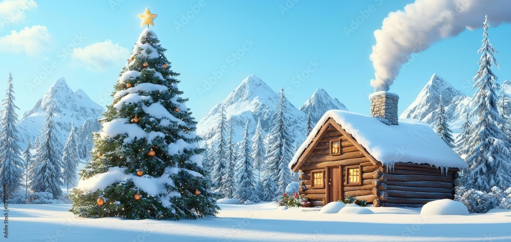 A cozy log cabin surrounded by snow-covered mountains and a decorated Christmas tree under a clear blue sky A cozy log cabin surrounded by snow-covered mountains and a decorated Christmas tree under a clear blue sky