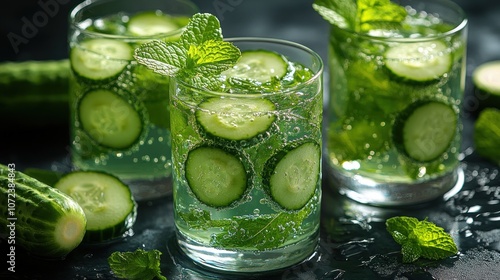 Refreshing cucumber mint drinks in clear glasses with mint leaves.