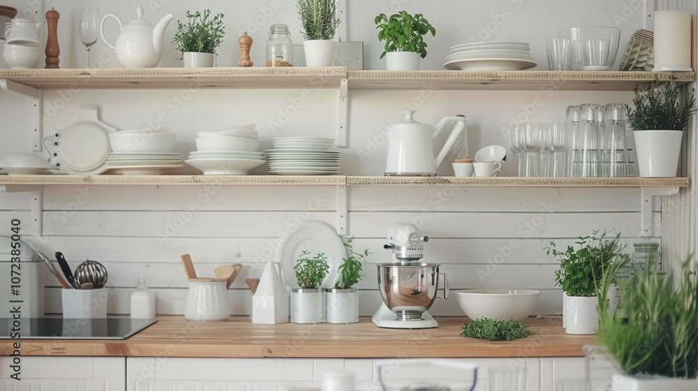 Modern Kitchen with Open Shelving and Fresh Herbs for Stylish Interior Design Modern Kitchen with Open Shelving and Fresh Herbs for Stylish Interior Design