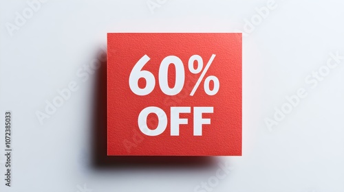 White '60% OFF' Text on a Light Red Square Paper Note. White Background with Copy Space