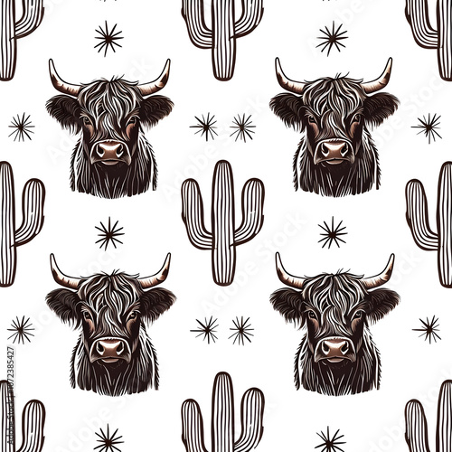 highland cow and cactus seamless pattern