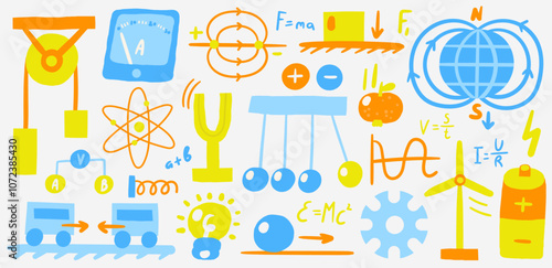 Cute science physics theme with doodle atom, bulb, gravitation apple, electric tool, mechanics, magnet field, battery, ammeter, pendulum, wind mill, gear. School, science, education objects set