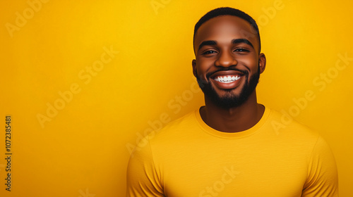 Joyful dark-skinned man in a casual yellow shirt smiling brightly against a vibrant yellow background indoors