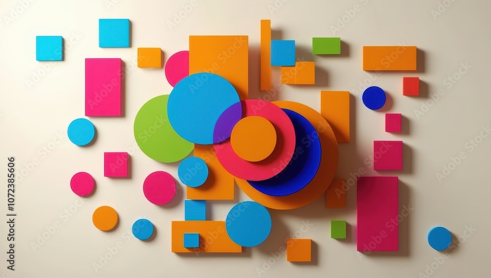 Colorful abstract composition with floating spheres and blocks. Ideal for backgrounds, presentations, and modern art projects Colorful abstract composition with floating spheres and blocks. Ideal for backgrounds, presentations, and modern art projects