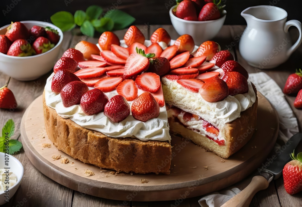A strawberry and cream cheese cake on a wooden board with a rustic table in the background A strawberry and cream cheese cake on a wooden board with a rustic table in the background