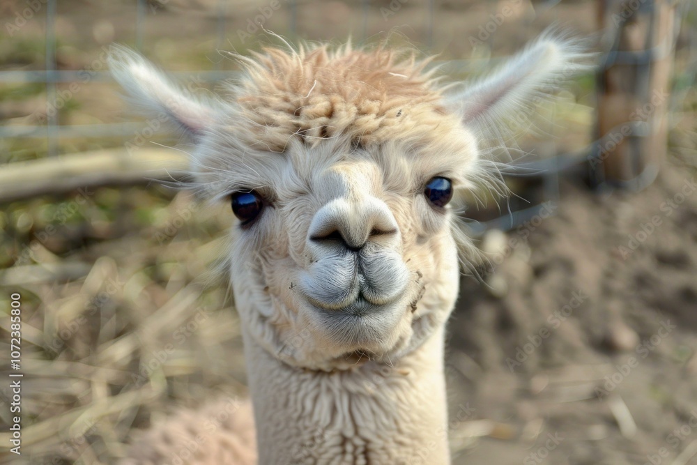 Obraz premium Adorable young alpaca looking at the camera, enjoying a sunny day on a farm