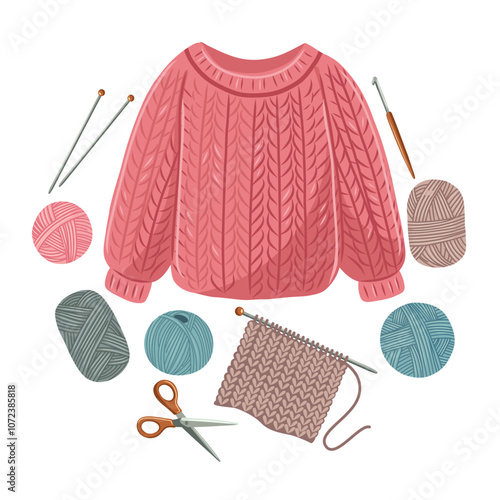 Knitting and needlework set. Handicraft, Yarn, scissors, sweater, knitting needles and hook, sweater. Vector illustration on white background.