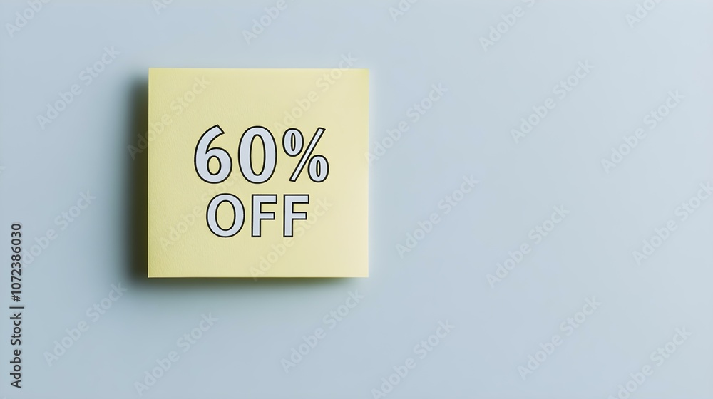 White '60% OFF' Text on a Light Yellow Square Paper Note. White Background with Copy Space White '60% OFF' Text on a Light Yellow Square Paper Note. White Background with Copy Space