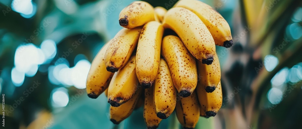 Close-up of a bunch of ripe yellow bananas with brown spots hanging on a banana tree. Close-up of a bunch of ripe yellow bananas with brown spots hanging on a banana tree.