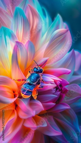 A close up of a charming honey bee on a colorful flower, highlighting nature s vivid details photo