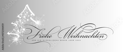 Merry Christmas and Happy New Year 2025 German language beautiful black elegant brush script calligraphy typography with white glitter sparkle stardust Christmas tree silver gray greeting card