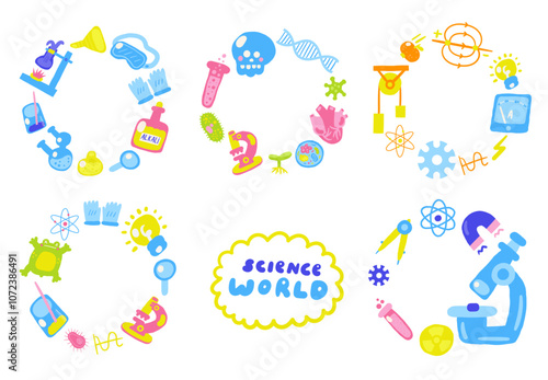 Cute science theme banner, wreath set with funny hand drawn doodle chemistry, biology, physics test tube, acid, flask, compass, atom structure, microscope. Doodle circle round banner, invitation, card