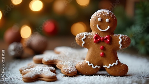 Christmas gingerbread man, gingerbread close-up with icing pattern decorated with powdered sugar on holiday decor background. photo