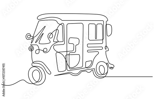 Single continuous line drawing Tuk Tuk Thailand is often used by tourists, Bajaj Tuk Tuk Minimalist Line Art. Continuous line drawing of traditional Bangkok transportation