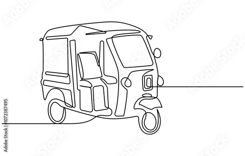 Single continuous line drawing Tuk Tuk Thailand is often used by tourists, Bajaj Tuk Tuk Minimalist Line Art. Continuous line drawing of traditional Bangkok transportation