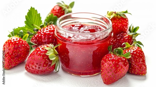 Wallpaper Mural Close up of luscious strawberry jam in glass jar on bright background highlighting its vibrant shine Torontodigital.ca