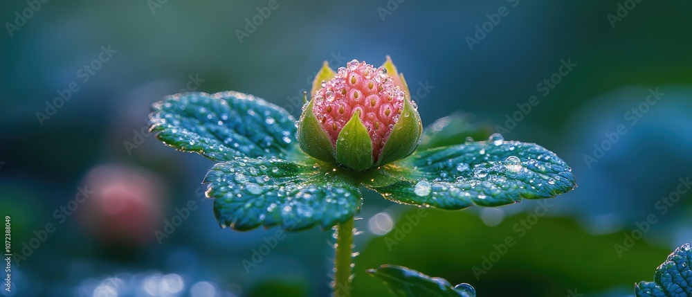 Close-up of a delicate pink flower bud surrounded by dewy green leaves. Close-up of a delicate pink flower bud surrounded by dewy green leaves.