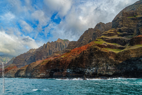 The Napali Coast of Kauai, Hawaiʻi as viewed from a boat on the Paciafic Ocean. photo