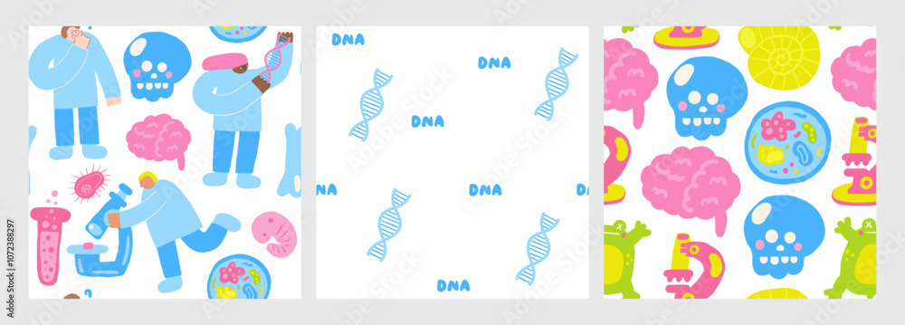 Cute science theme seamless pattern. Funny hand drawn doodle repeatable pattern with biology, chemistry pattern with microscope, virus, bacteria, brain, skull, dna, scientist, embryo. Cute science theme seamless pattern. Funny hand drawn doodle repeatable pattern with biology, chemistry pattern with microscope, virus, bacteria, brain, skull, dna, scientist, embryo.