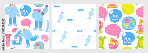 Cute science theme seamless pattern. Funny hand drawn doodle repeatable pattern with biology, chemistry pattern with microscope, virus, bacteria, brain, skull, dna, scientist, embryo.